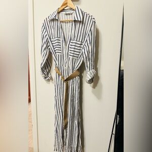 Zara Navy and White Striped Long Sleeve Dress